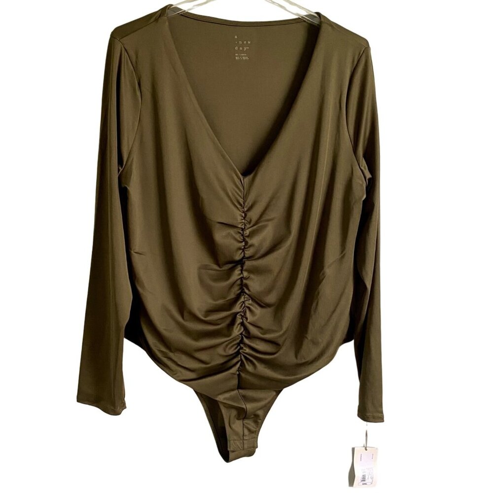 A New Day Olive Green Ruched Long Sleeve Bodysuit Women's XXL NEW NWT
